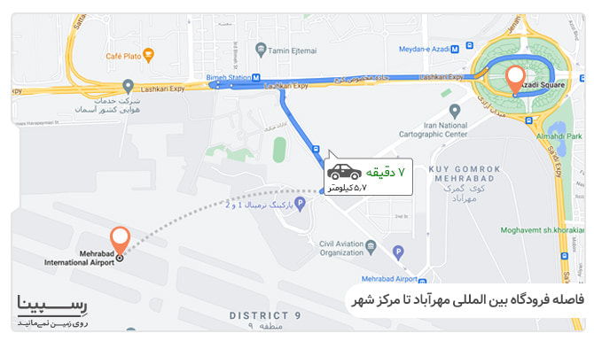فاصله فرودگاه بین المللی مهرآباد تا مرکز شهر